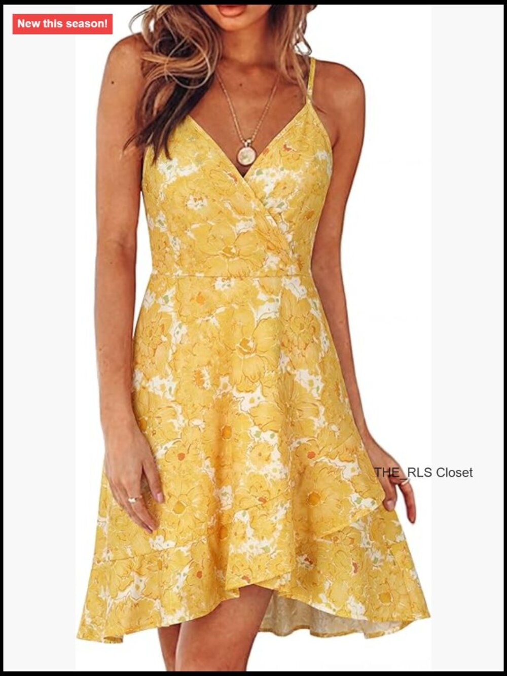 Womens Summer Dress Floral V-Neck Ruffled Hem Spaghetti Strap Flowy Wrap Midi